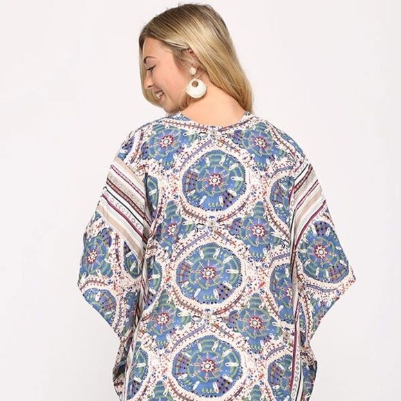 NWT! Beautiful Boho Mandala Tribal Print Ruffled Hem Kimono Duster Cardigan - Picture 6 of 7